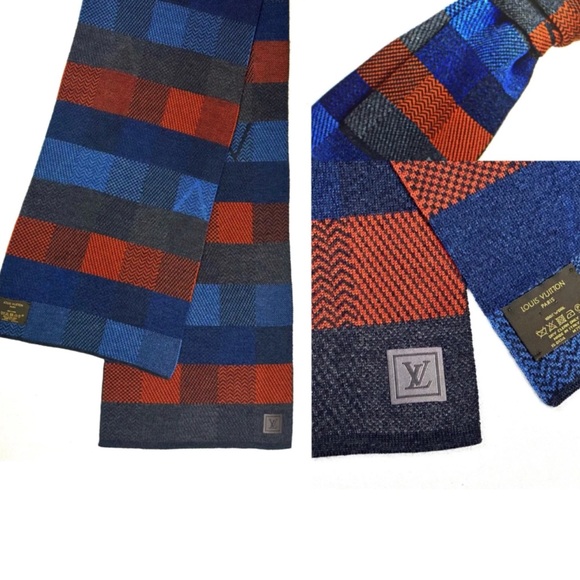 Louis Vuitton Ellipse Damier 100% Wool Scarf Muffler Unisex Red/Blue/Gray
